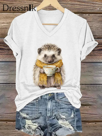 Frauen Igel Print Kurzarm T Shirt Weiß / S