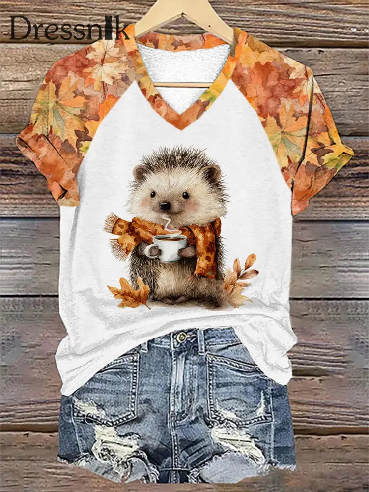 Frauen Igel Print Kurzarm T Shirt Weiß / S