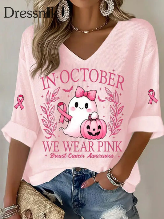 Frauen im Oktober tragen wir rosa bedrucktes lässiges T Shirt Hellrosa / S