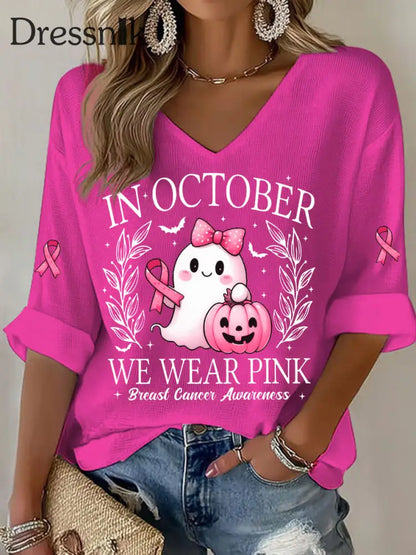 Frauen im Oktober tragen wir rosa bedrucktes lässiges T Shirt Rosenrot / S