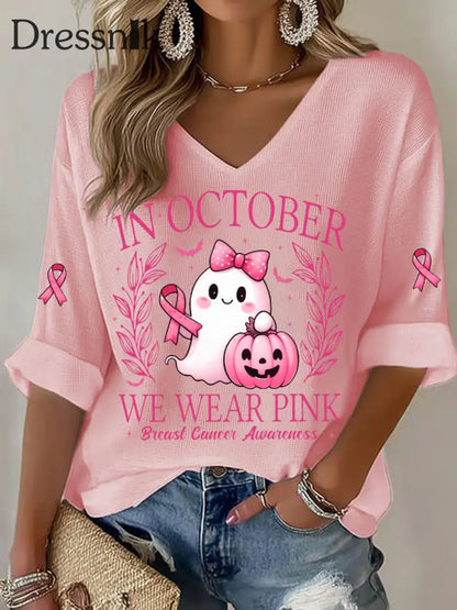 Frauen im Oktober tragen wir rosa bedrucktes lässiges T Shirt Rosa / S