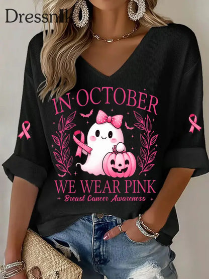 Frauen im Oktober tragen wir rosa bedrucktes lässiges T Shirt Schwarz / S