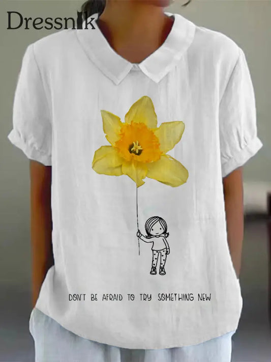 Frauen interessante Illustration Bedrucktes Kurzarm-Hemd aus Baumwolle und Leinen Weiß / S