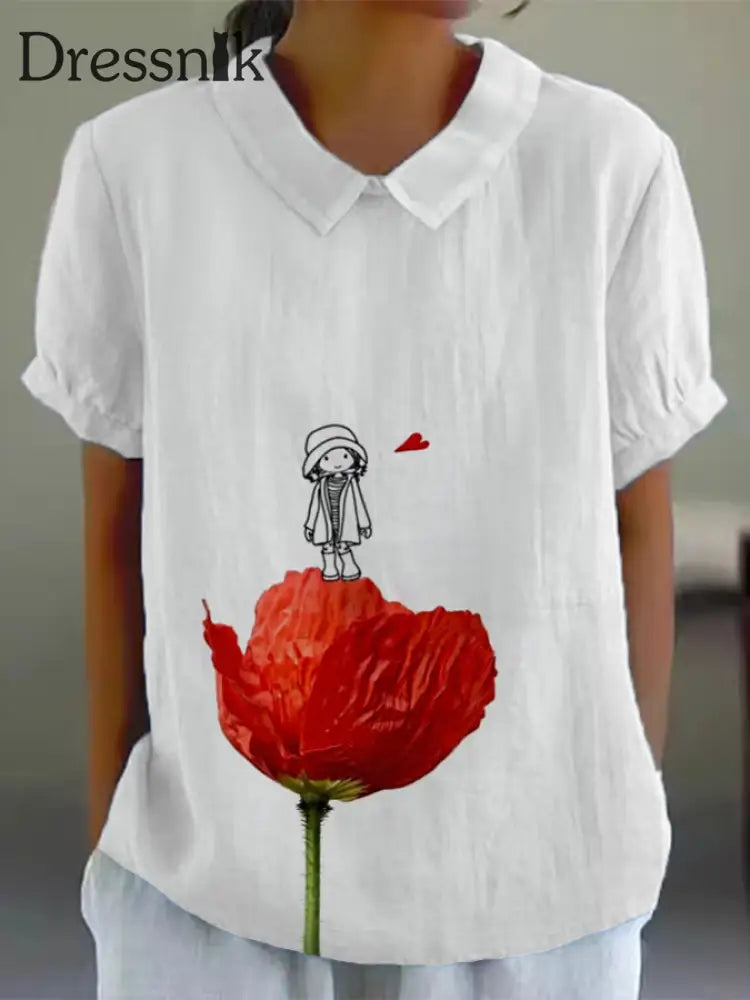 Frauen interessante Illustration Bedrucktes Kurzarm-Hemd aus Baumwolle und Leinen Weiß / S