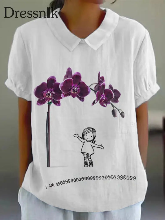 Frauen interessante Illustration Bedrucktes Kurzarm-Hemd aus Baumwolle und Leinen Weiß / S