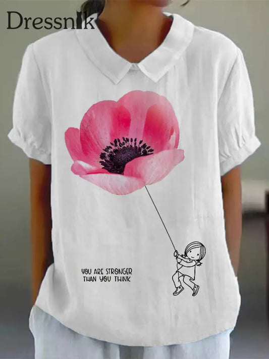 Frauen interessante Illustration Bedrucktes Kurzarm-Hemd aus Baumwolle und Leinen Weiß / S