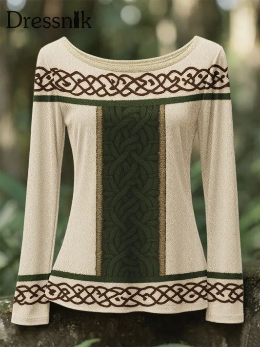 Frauen Irische keltische Knoten Jacquard 3D-Druck Rundhals Langarm Hemd Grün / S
