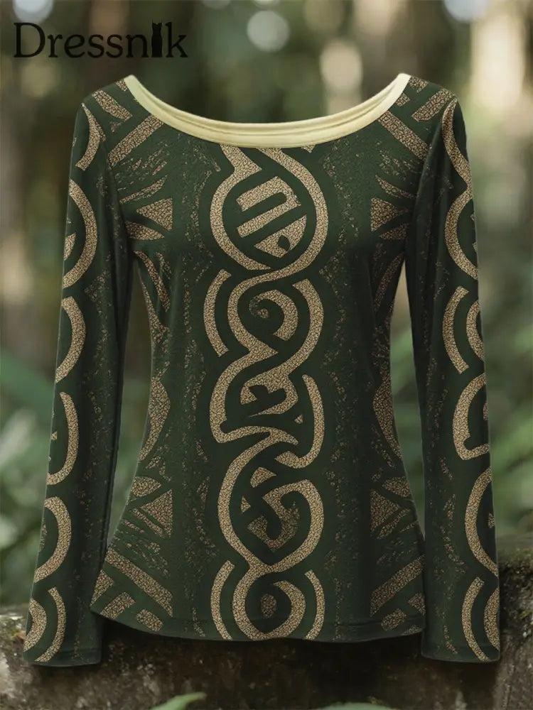 Frauen Irische keltische Knoten Jacquard 3D-Druck Rundhals Langarm Hemd Grün / S