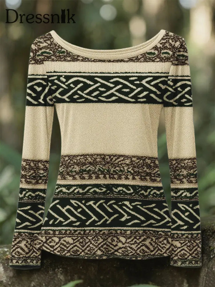 Frauen Irische keltische Knoten Jacquard 3D-Druck Rundhals Langarm Hemd Grün / S