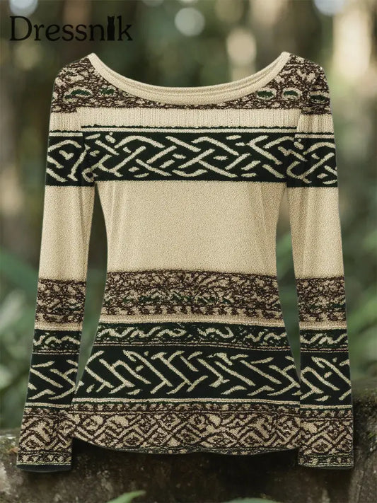 Frauen Irische keltische Knoten Jacquard 3D-Druck Rundhals Langarm Hemd Grün / S