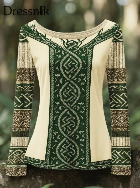 Frauen Irische keltische Knoten Jacquard 3D-Druck Rundhals Langarm Hemd Grün / S