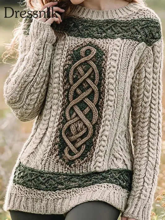 Frauen Irischer keltischer Knoten Jacquard Kontrast Pullover als bild / S