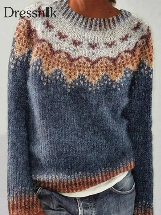 Frauen Isländischer Pullover Rundhals lockerer Pullover blau / S