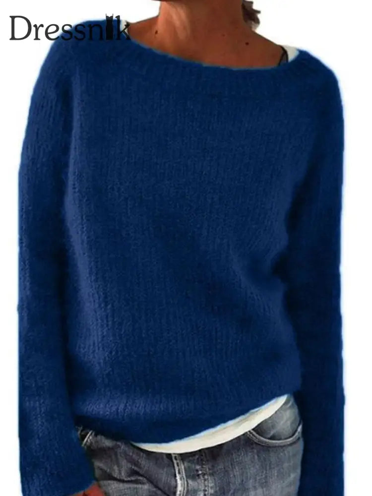 Frauen Isländischer Pullover Rundhals lockerer Pullover Blau / S