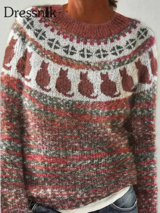 Frauen Isländischer Pullover Rundhals lockerer Pullover Braun / S