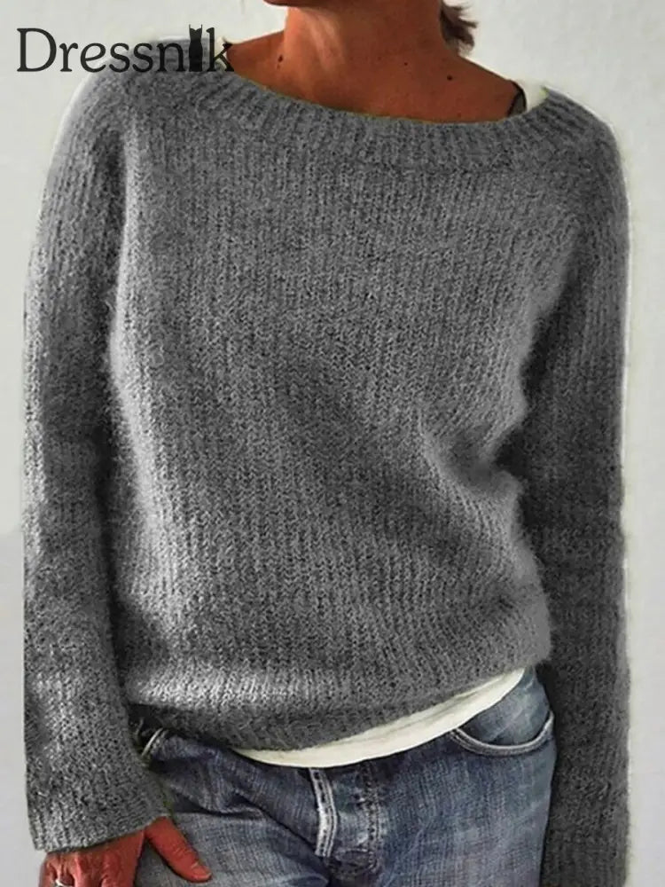Frauen Isländischer Pullover Rundhals lockerer Pullover Grau / S