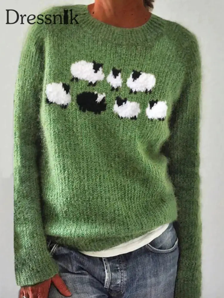 Frauen Isländischer Pullover Rundhals lockerer Pullover Grün / S
