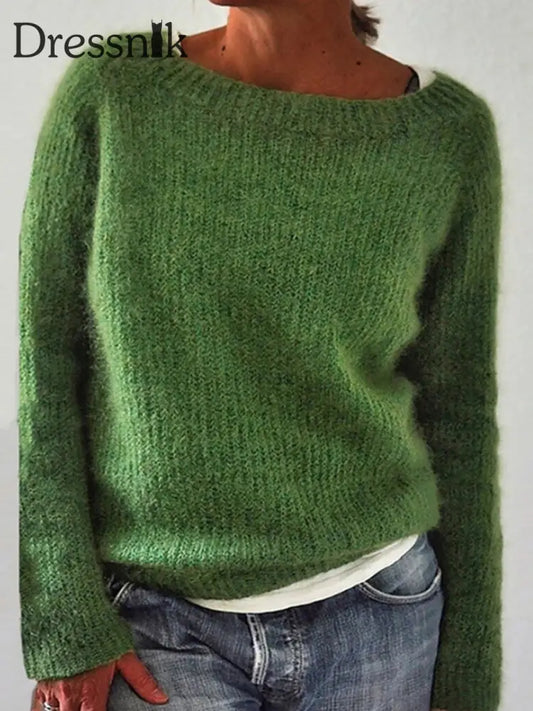 Frauen Isländischer Pullover Rundhals lockerer Pullover Grün / S