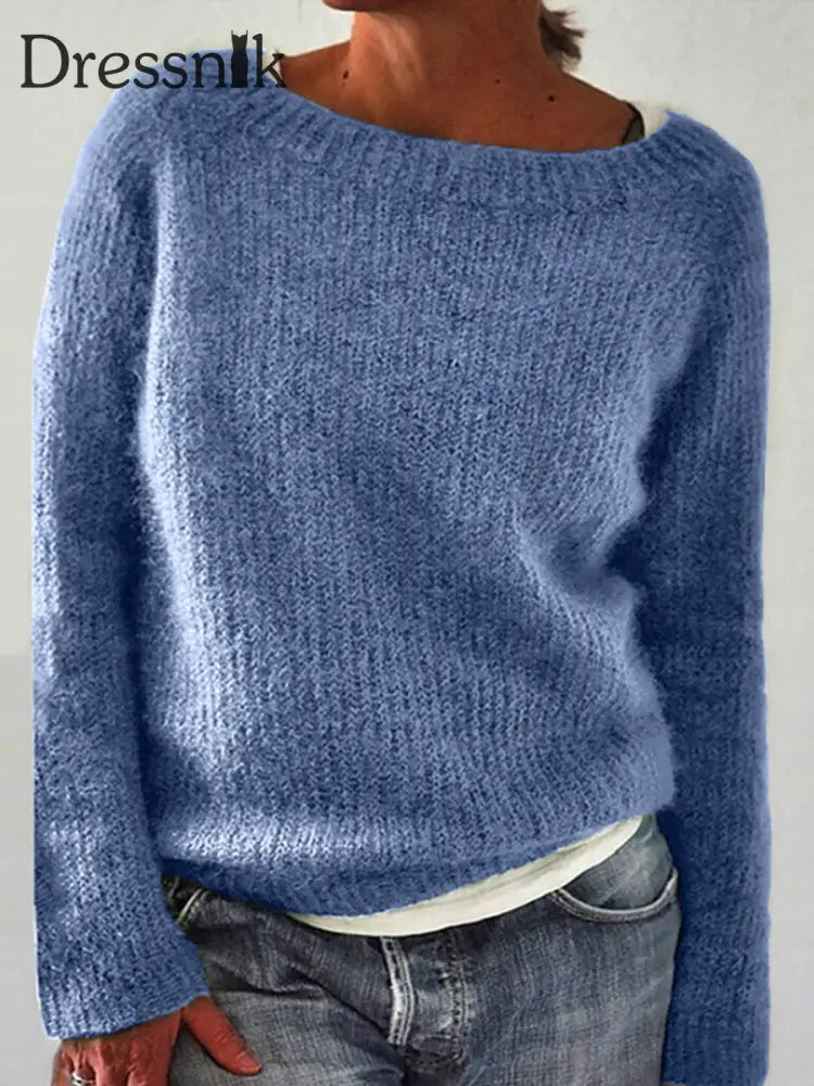 Frauen Isländischer Pullover Rundhals lockerer Pullover Hellblau / S