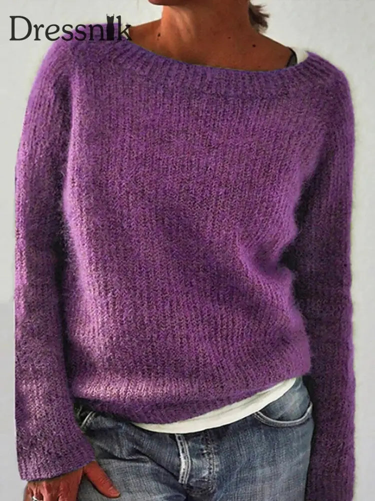 Frauen Isländischer Pullover Rundhals lockerer Pullover Lila / S