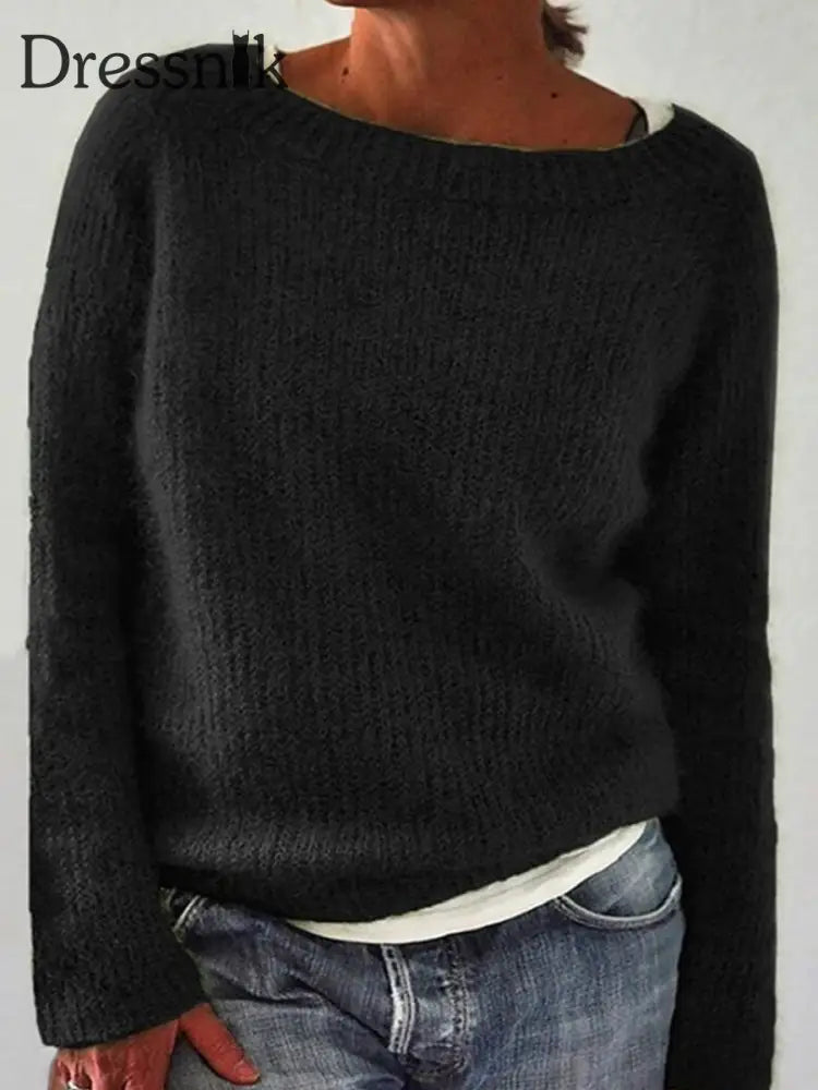 Frauen Isländischer Pullover Rundhals lockerer Pullover Schwarz / S