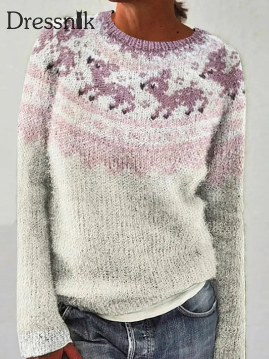Frauen Isländischer Pullover Rundhals lockerer Pullover Weiß / S
