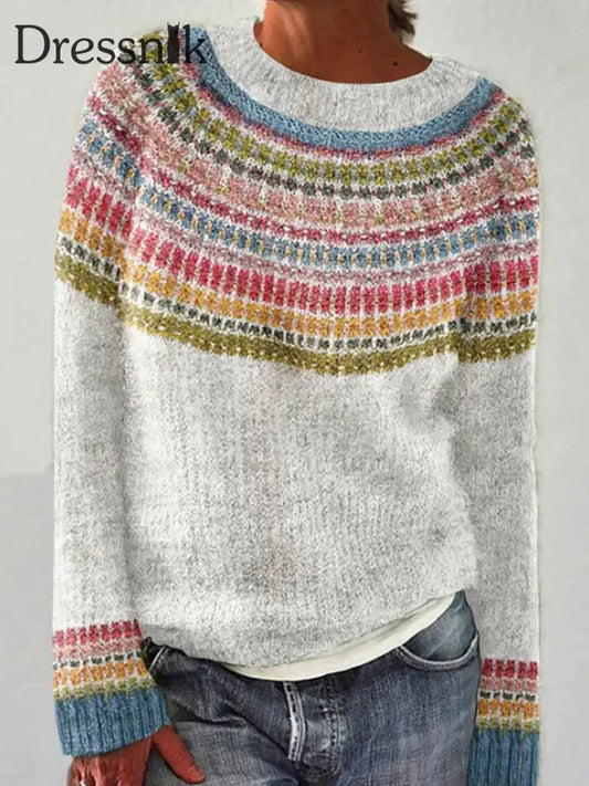 Frauen Isländischer Pullover Rundhals lockerer Pullover Weiß / S