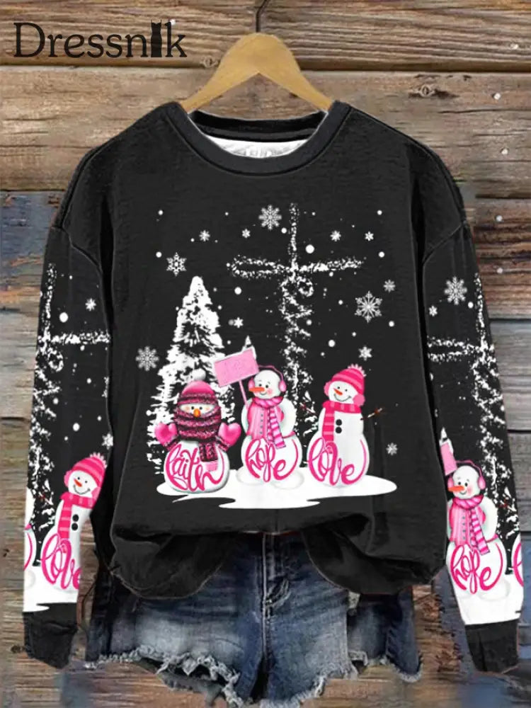 Frauen Jesus Glaube Hoffnung Liebe Schneemann Frohe Weihnachten Christian Regelmäßige Sweatshirt Schwarz / S
