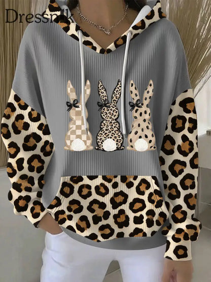 Frauen Kaninchen Kunstdruck Casual Hoodie Grau / S