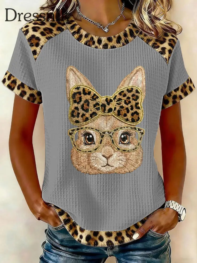 Frauen Kaninchen Kunstdruck Casual T-Shirt Grau / S