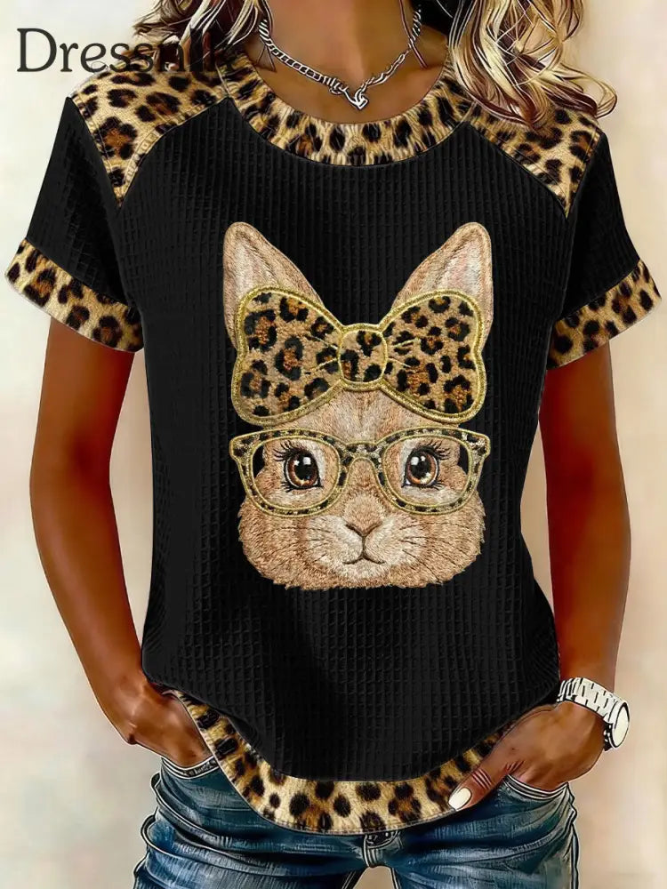 Frauen Kaninchen Kunstdruck Casual T-Shirt Schwarz / S