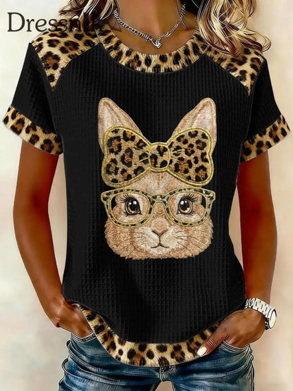 Frauen Kaninchen Kunstdruck Casual T-Shirt Schwarz / S