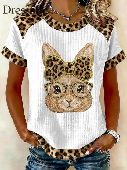 Frauen Kaninchen Kunstdruck Casual T-Shirt Weiß / S