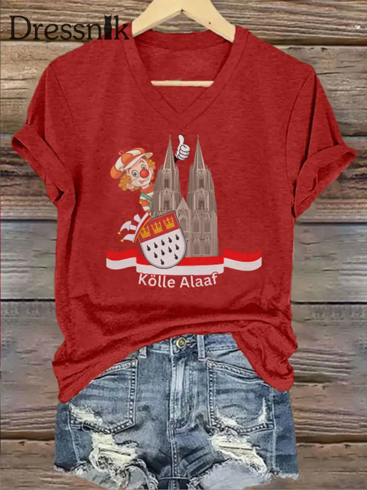 Frauen Karneval Kölle Alaaf College Jacke Eisen auf Kurzarm T-Shirt Rot / S