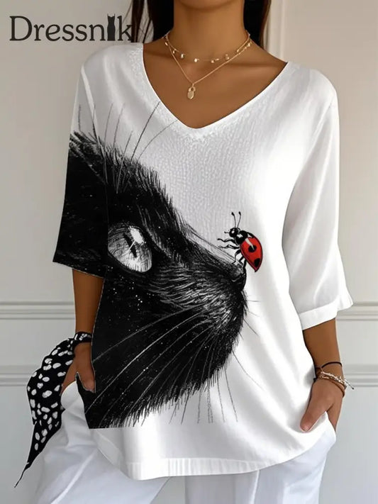 Frauen Katze bedrucktes halb ärmel iges T-Shirt als bild / S