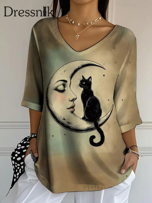 Frauen Katze bedrucktes halb ärmel iges T-Shirt als bild / S