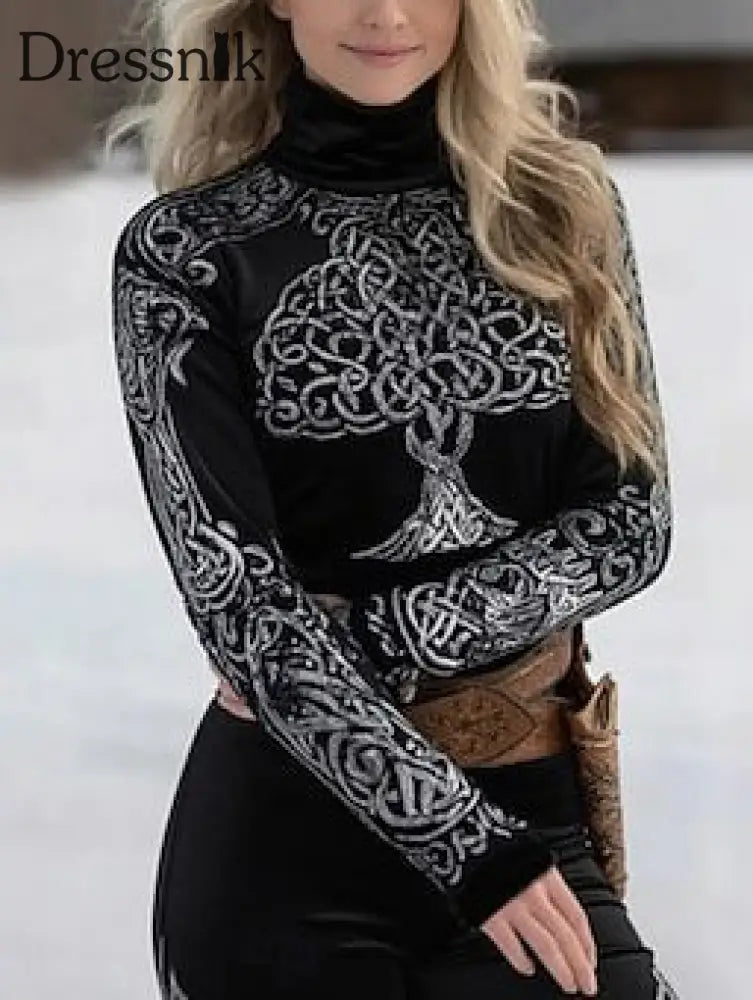 Frauen Keltischer Knoten Baum des Lebens Druck Strick Roll kragen Pullover Pullover Schwarz / S