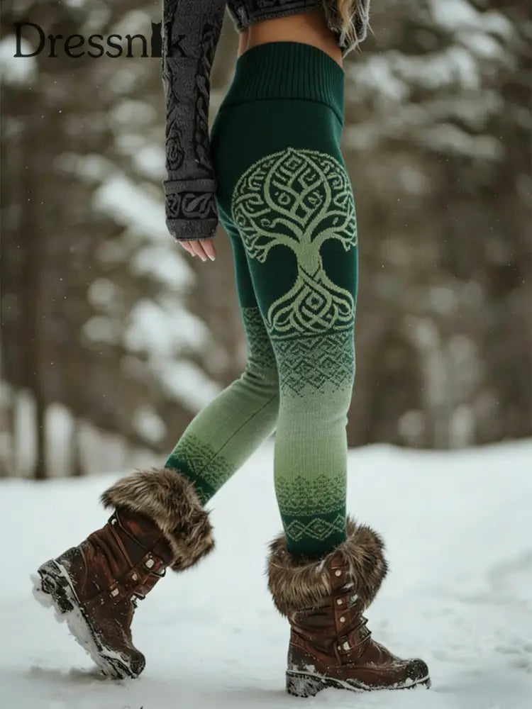 Frauen keltischer Knoten Baum des Lebens Steigung Sport Stretch Leggings Grün / S