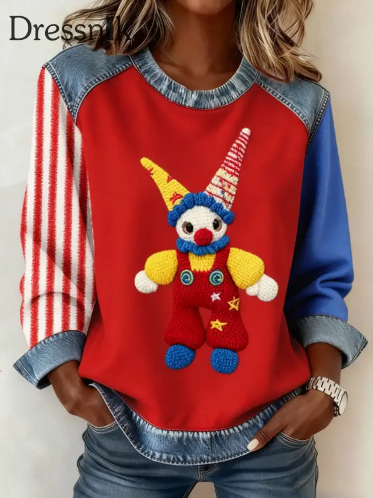 Frauen Köln Karneval Clown Denim Patchwork Crew Hals Top Rot / S