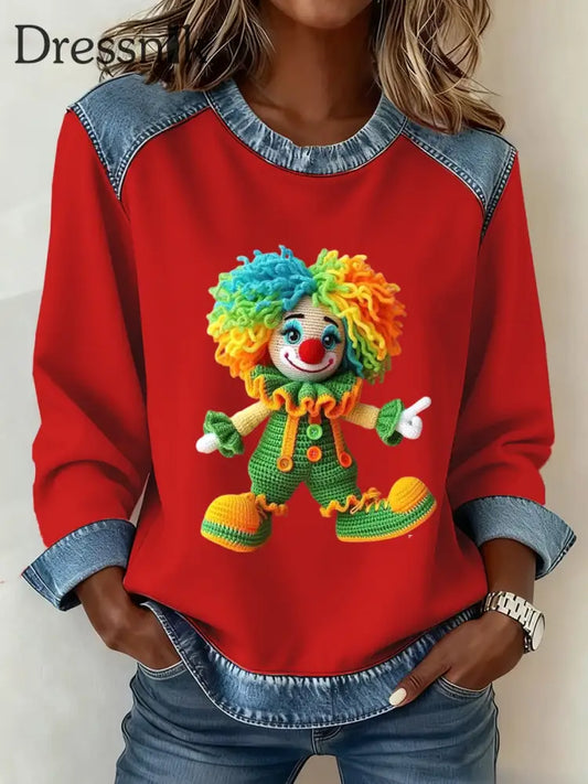 Frauen Köln Karneval Clown Denim Patchwork Crew Hals Top Rot / S