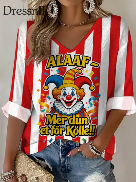 Frauen Köln Karneval Clown Print Lässiges V-Ausschnitt Lang ärmel iges Top Rot / S