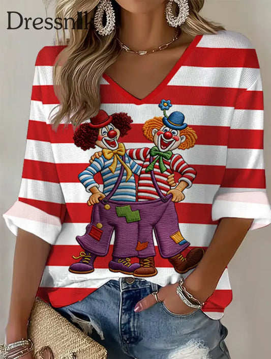 Frauen Köln Karneval Clown Print Lässiges V-Ausschnitt Lang ärmel iges Top Rot / S