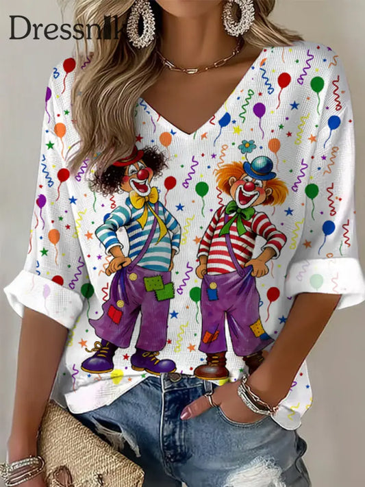 Frauen Köln Karneval Clown Print Lässiges V-Ausschnitt Lang ärmel iges Top Weiß / S