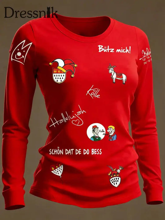 Frauen Köln Karneval Clown Print Langarm T-Shirt Rot / S