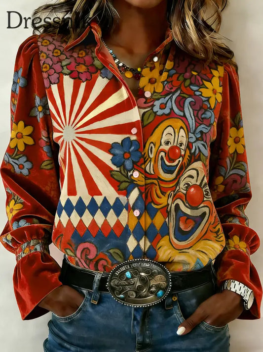 Frauen Köln Karneval Clown Print Samt Shirt Rot / S