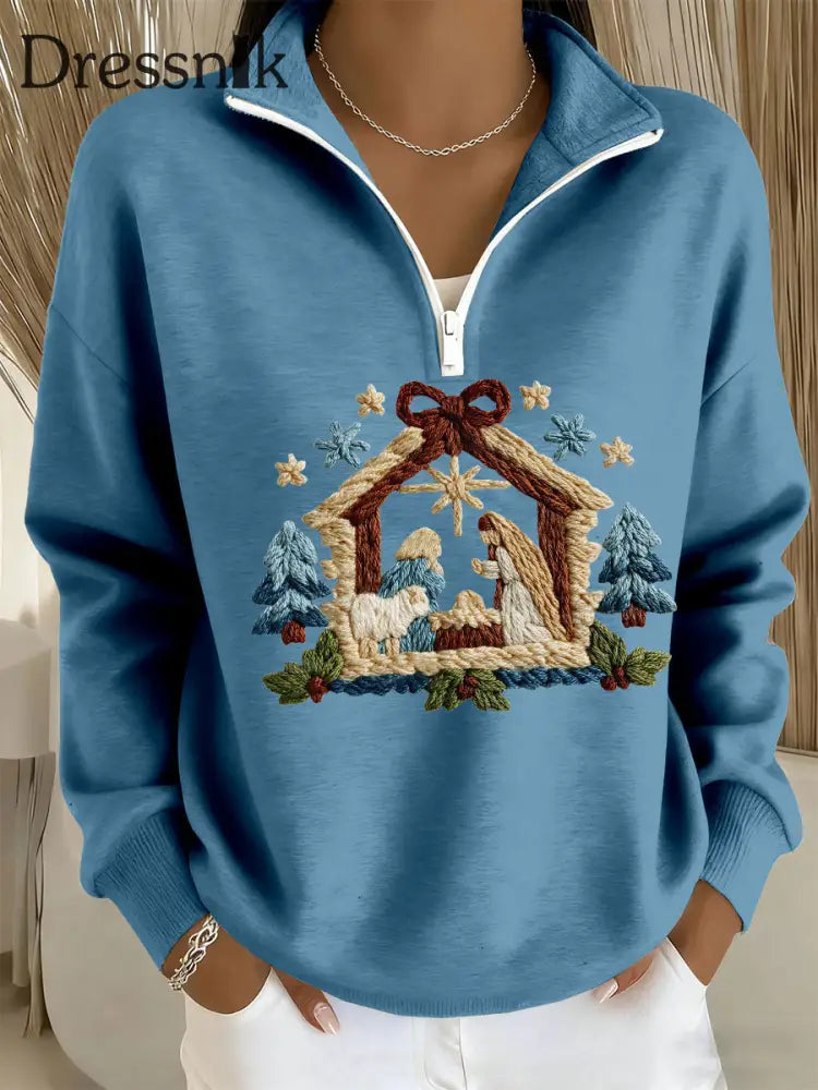 Frauen-Krippen druck Lässiges Zip-Up-Top Blau / S