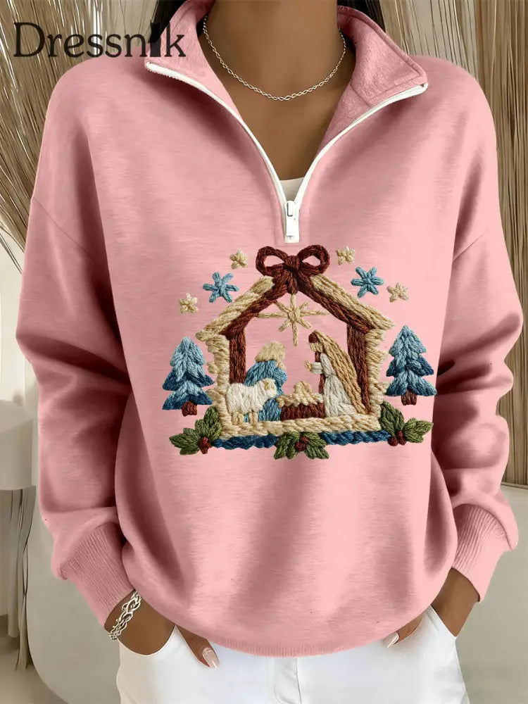 Frauen-Krippen druck Lässiges Zip-Up-Top Rosa / S