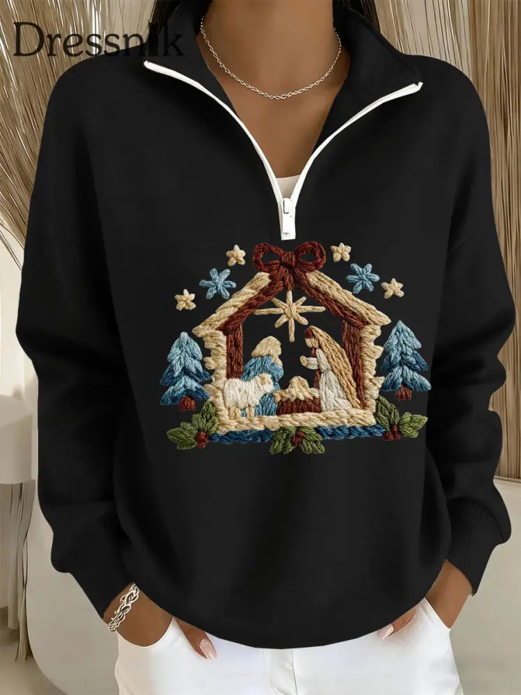 Frauen-Krippen druck Lässiges Zip-Up-Top Schwarz / S