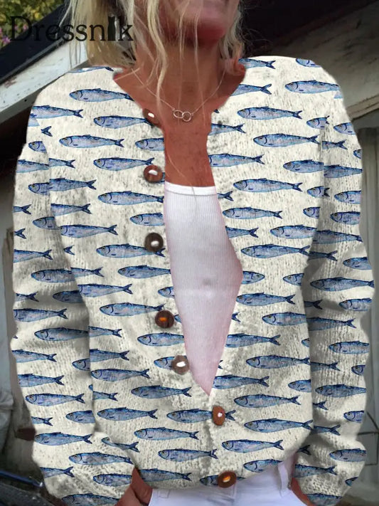 Frauen Kunst Fisch Print V-Ausschnitt Lang Ärmel Iger Knopf Strickjacke Pullover A / S