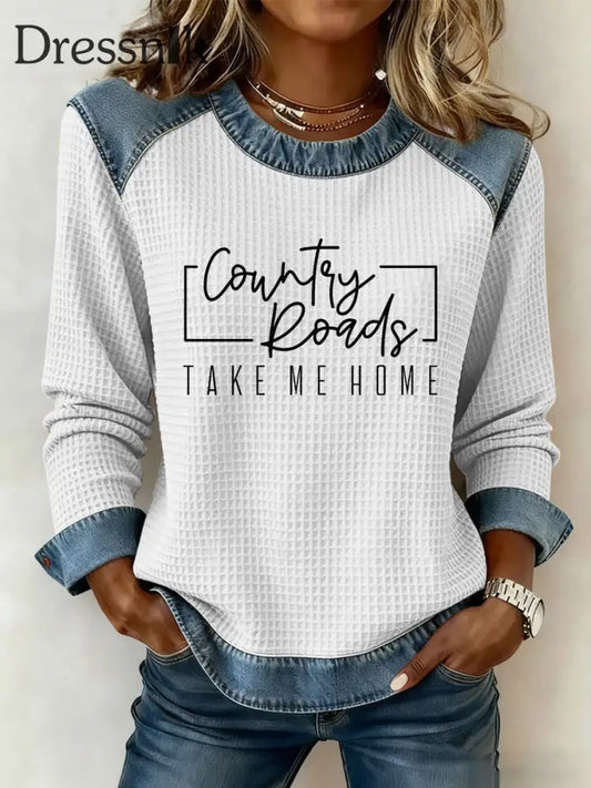 Frauen Landstraßen nehmen mich nach Hause Denim Patchwork Top Weiß / S